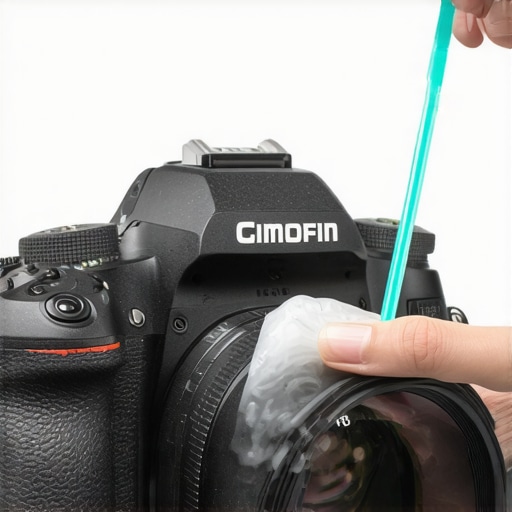 A person carefully cleaning a mirrorless camera sensor with a sensor swab and cleaning solution in a studio environment.
