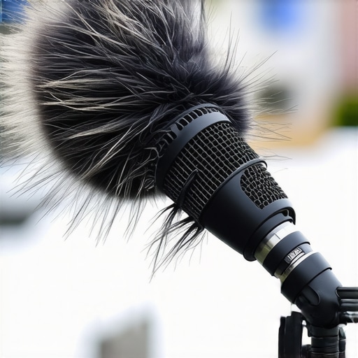 Lavalier microphone fitted with a fur windscreen being used outdoors in windy conditions.