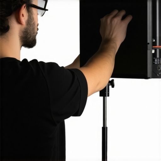Creator adjusting LED lighting and camera settings to eliminate flickering in a studio setup.