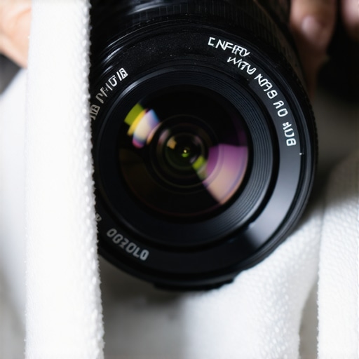 Close-up of a hand cleaning a camera lens with a microfiber cloth, highlighting proper lens maintenance.