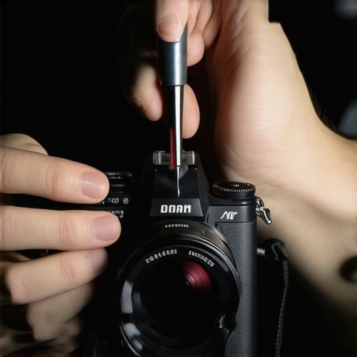 Technician cleaning a mirrorless camera sensor with a precision cleaning tool in a professional studio environment.