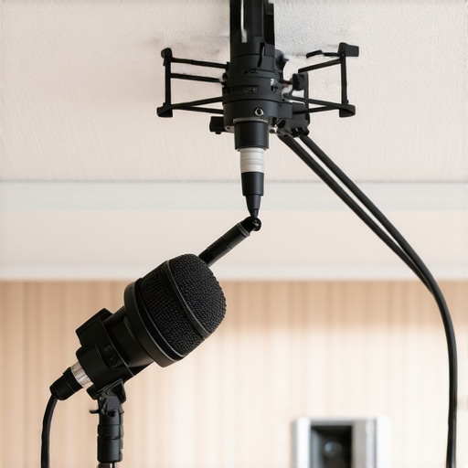 A ceiling-mounted microphone with an adjustable boom arm in a well-organized creator studio, demonstrating stable placement and clean cable management.