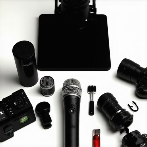 Person cleaning microphones and camera gear in a professional studio setting.