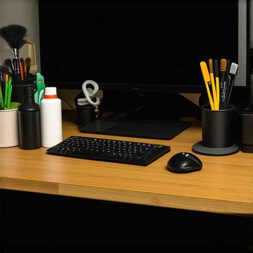 Close-up of tools and cleaning supplies for content creation gear maintenance.