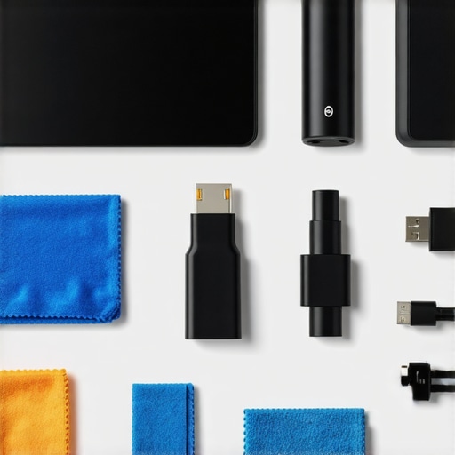 A clean and organized creator workstation with cleaning tools and equipment for gear maintenance.