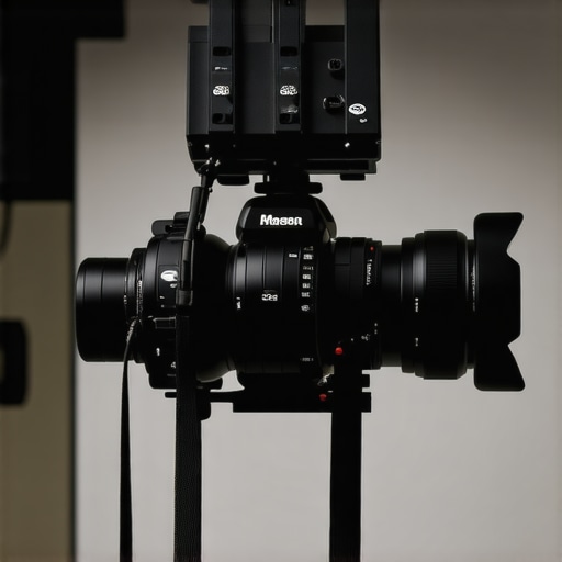 Close-up of a camera mounted to the ceiling with magnets and straps in a studio environment