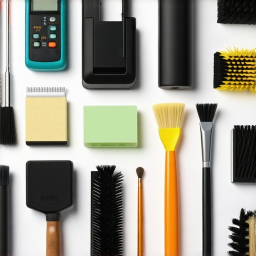 Creator's desk showing cleaning brushes, calibration gadgets, and organized gear in a well-lit studio
