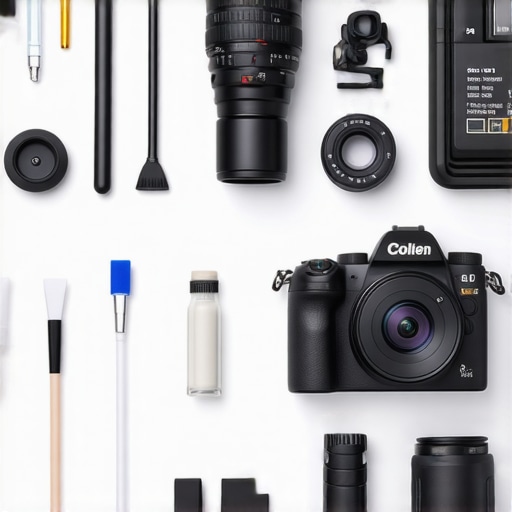 Camera and cleaning tools for maintaining photo and video equipment.