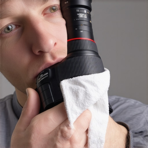 A creator cleaning a camera lens with microfiber cloth in a studio environment.