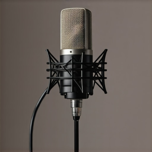 Microphone secured with a rubber band on its stand in a studio.