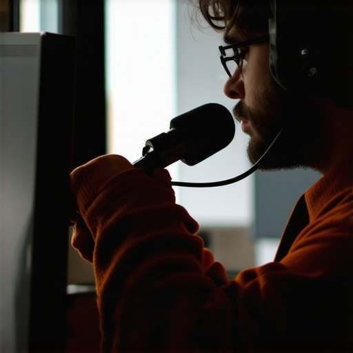 Creator fine-tuning shotgun mic angle at desk to reduce background noise.