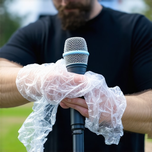 Close-up of a microphone being wrapped in bubble wrap with tape