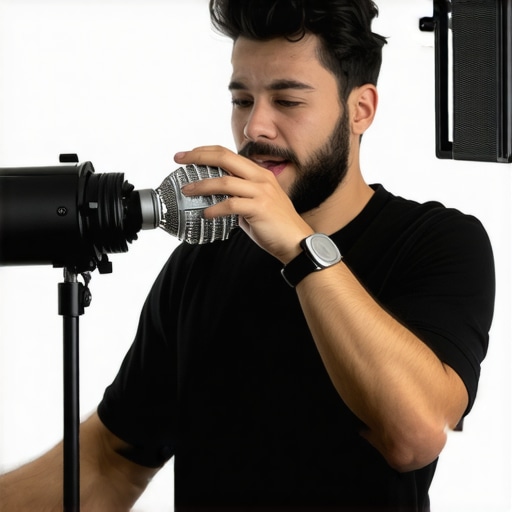 Creator adjusting microphone and lighting for professional video production.