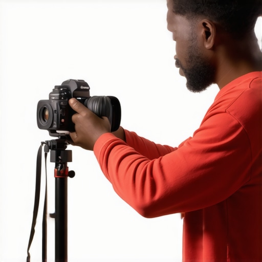 Creator adjusting camera distance and lens in compact studio for natural face appearance