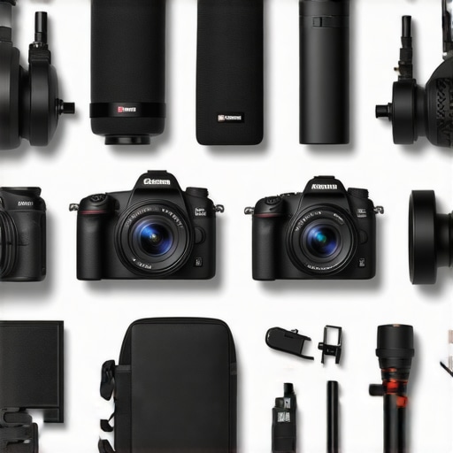 A clean, well-organized creator workspace featuring high-quality cameras, microphones, and maintenance equipment.