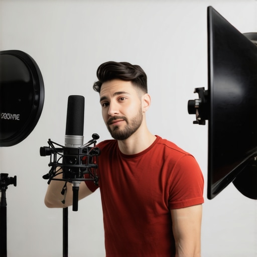 Creator adjusting microphone and lighting in a small studio
