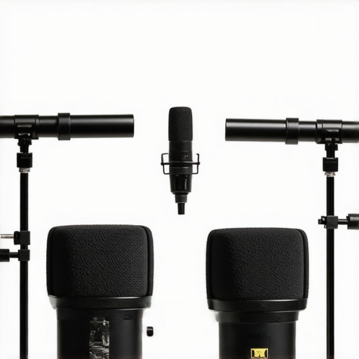 Optimized Creator Studio Setup A well-organized creator studio with microphones, lighting, and camera gear arranged professionally.