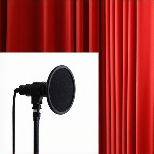 Home studio corner with acoustically treated walls and microphone setup for voice recordings.