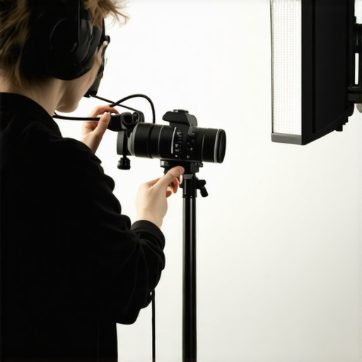 Content creator setting up microphone and professional lighting in a studio