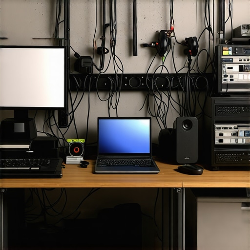 A tidy creator workspace with cables properly managed and tools laid out for equipment maintenance.