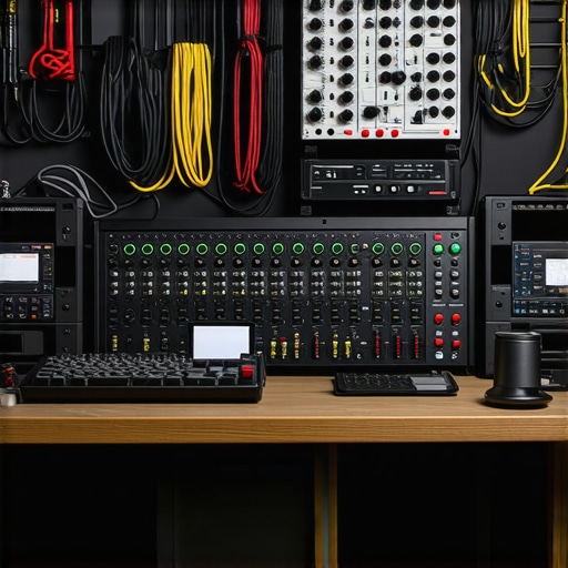 A tidy creator workspace with organized cables, tools, and equipment maintenance setup.