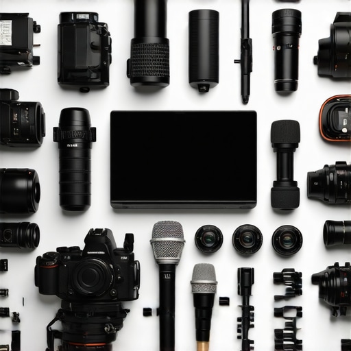 Organized workspace with well-maintained microphones, camera gear, and lighting equipment for content creation.