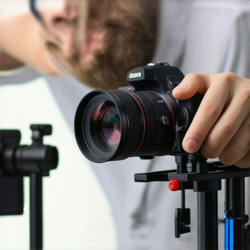 A content creator cleaning camera sensor in a well-lit studio environment.