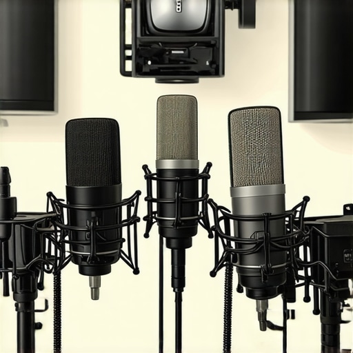 A clean and organized studio space with premium microphone gear and acoustic panels