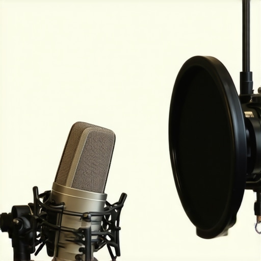 A person recording with a condenser microphone close to their mouth, with DIY soundproofing materials in a home studio setting.