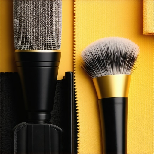Microphone being cleaned with microfiber cloth and anti-static brush in a professional studio environment