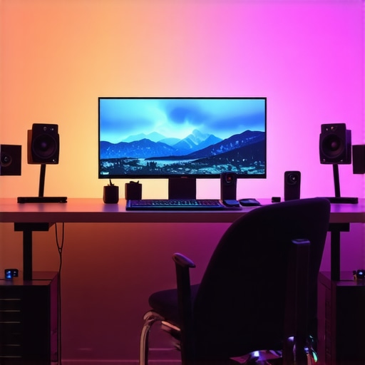 Creative studio with colorful RGB lighting behind the workspace.
