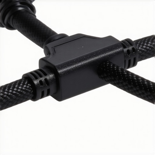 Close-up of HDMI cable tied securely to prevent flickering in a creator studio