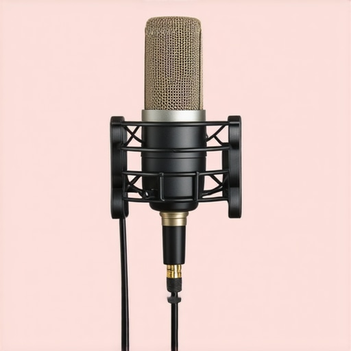 A rubber band wrapped around a microphone and boom arm to prevent sagging in a content creator's studio.