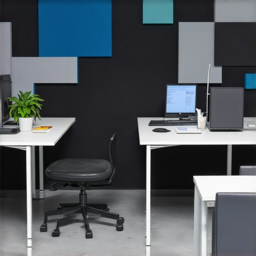 Office room with blankets, foam panels, and furniture arranged to absorb sound and minimize echo.