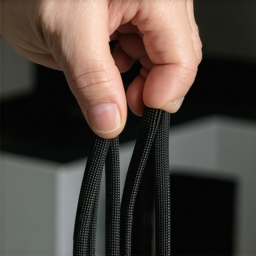 Person neatly organizing cables using Velcro ties in a content creator's studio