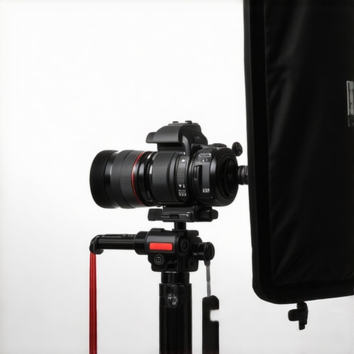 Person adjusting camera white balance using a gray card in a studio setting with LED lights