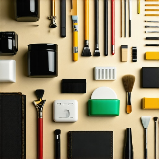 A well-organized creator studio with cleaning tools and digital multimeter for gear upkeep