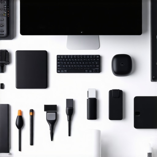 A tidy workspace with camera, microphone, cleaning supplies, and calibration tools