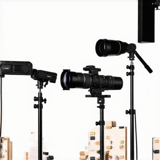 A clean and well-lit content creation studio showcasing camera, lighting, and background