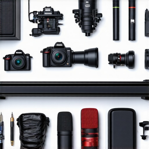 Studio setup showing microphone, camera, and lighting equipment neatly arranged for maintenance and optimal performance.