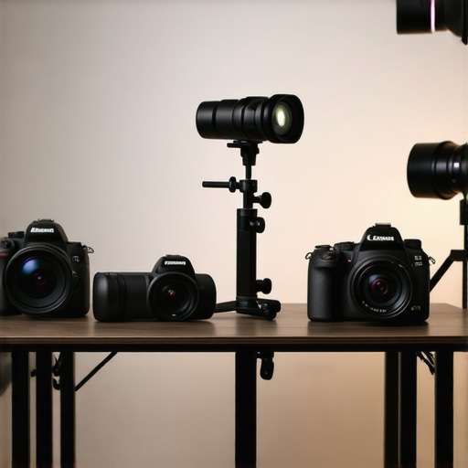 A clean, professional content creator studio showcasing neatly arranged cables, lighting, and camera gear.