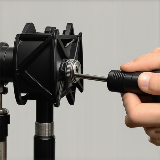 A technician adjusting the tension knob on a studio microphone arm to prevent sagging.