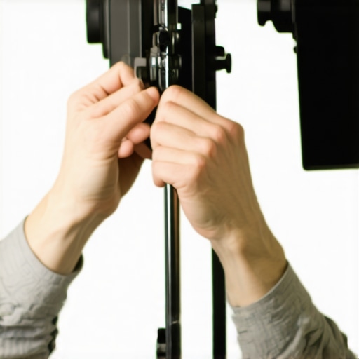 A person fine-tuning studio lighting and camera controls in a well-organized creator workspace.