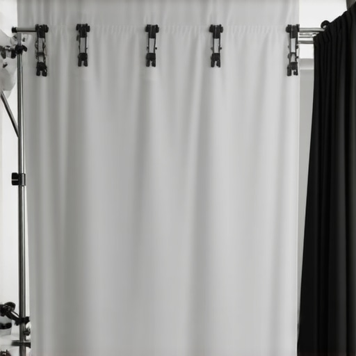 Backdrop setup with shower rod in creator studio A clean and professional creator studio displaying a shower rod holding fabric backdrops with clips.
