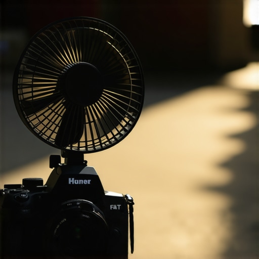 Portable USB fan directed at a mirrorless camera in outdoor sunlight