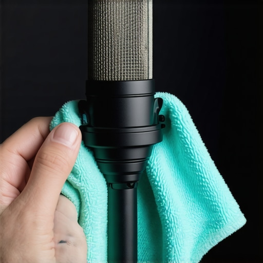 A person carefully cleaning a professional microphone with a microfiber cloth, emphasizing maintenance