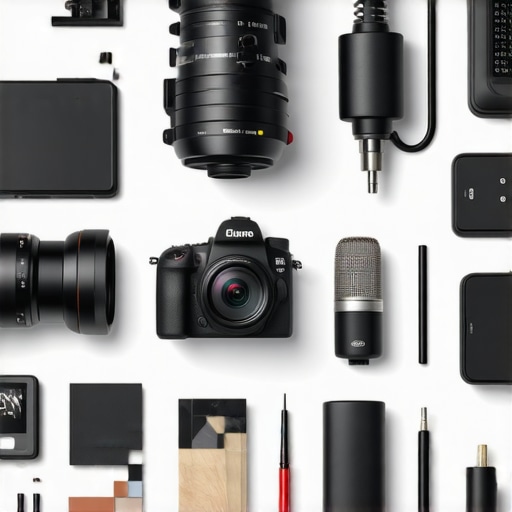 Content Creator's Workspace with Equipment and Maintenance Tools A well-organized creator workspace featuring camera gear, studio lights, and maintenance tools.