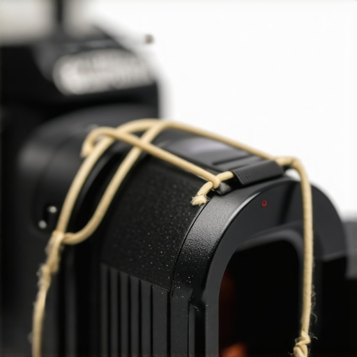Close-up of a camera lens with a rubber band tightly wrapped around the zoom ring for stability.