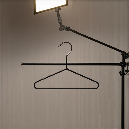 A wire hanger repurposed as a light mount in a creator's home studio.