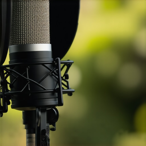 Close-up of a rugged shotgun microphone with wind cover in outdoor setting
